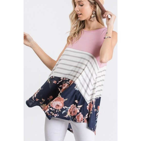 Women's Stripe And Floral Color Block Tank Top. - Picture 3 of 4